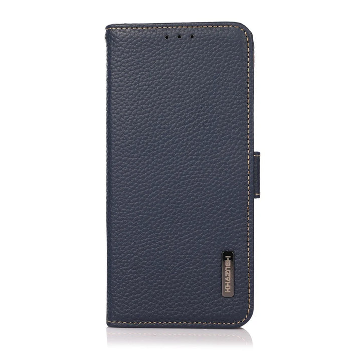 KHAZNEH RFID Blocking Design Litchi Texture Leather Protective Case Stand for Samsung Galaxy A22 5G (EU Version) - Blue - 5