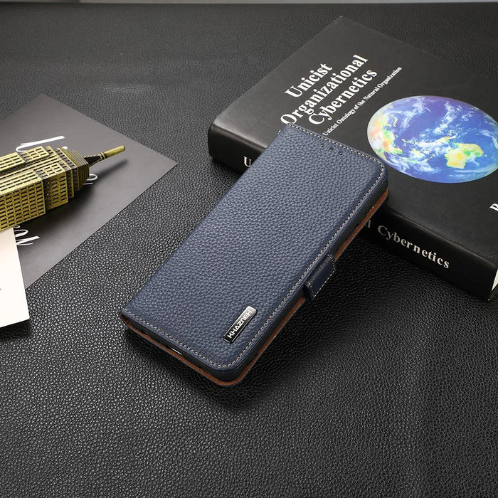 KHAZNEH RFID Blocking Design Litchi Texture Leather Protective Case Stand for Samsung Galaxy A22 5G (EU Version) - Blue - 7