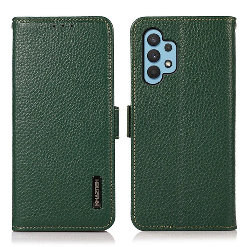 KHAZNEH Litchi Texture RFID Blocking Shockproof Leather Case Wallet Stand Cover for Samsung Galaxy A32 4G (EU Version) - Green - 1