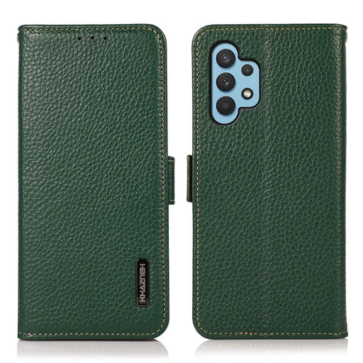 KHAZNEH Litchi Texture RFID Blocking Shockproof Leather Case Wallet Stand Cover for Samsung Galaxy A32 4G (EU Version) - Green - 1
