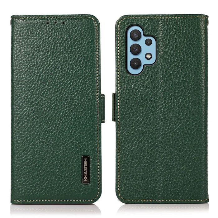 KHAZNEH Litchi Texture RFID Blocking Shockproof Leather Case Wallet Stand Cover for Samsung Galaxy A32 4G (EU Version) - Green - 1