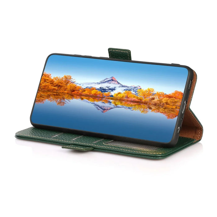 KHAZNEH Litchi Texture RFID Blocking Shockproof Leather Case Wallet Stand Cover for Samsung Galaxy A32 4G (EU Version) - Green - 2