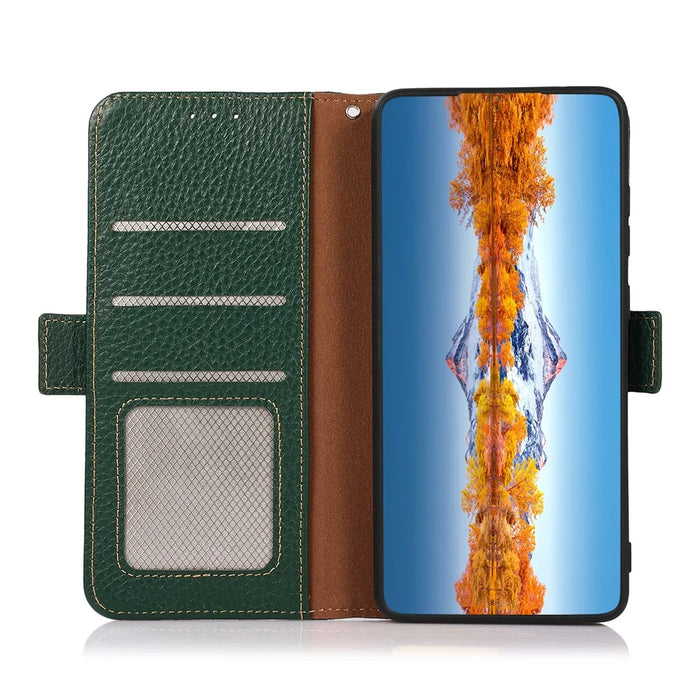 KHAZNEH Litchi Texture RFID Blocking Shockproof Leather Case Wallet Stand Cover for Samsung Galaxy A32 4G (EU Version) - Green - 3