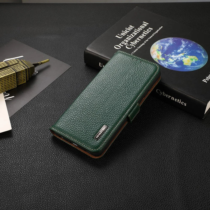 KHAZNEH Litchi Texture RFID Blocking Shockproof Leather Case Wallet Stand Cover for Samsung Galaxy A32 4G (EU Version) - Green - 7