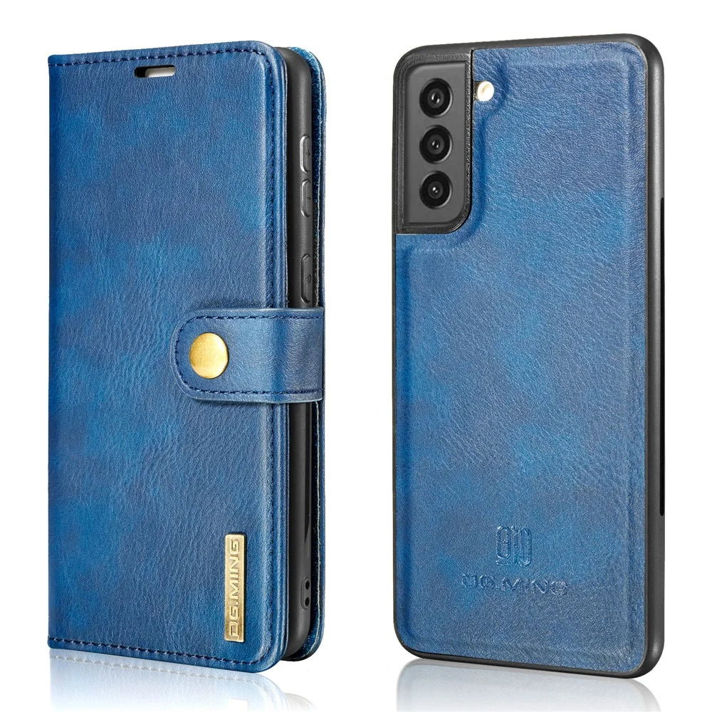 DG.MING for Samsung Galaxy S21 FE Detachable 2-in-1 Split Leather Wallet Case Stand Folio Magnetic Phone Cover - Blue - 1