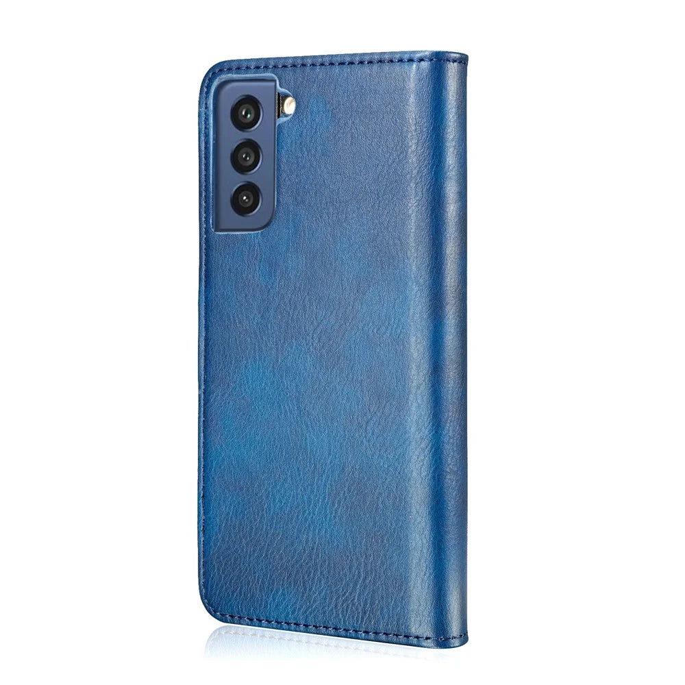 DG.MING for Samsung Galaxy S21 FE Detachable 2-in-1 Split Leather Wallet Case Stand Folio Magnetic Phone Cover - Blue - 2