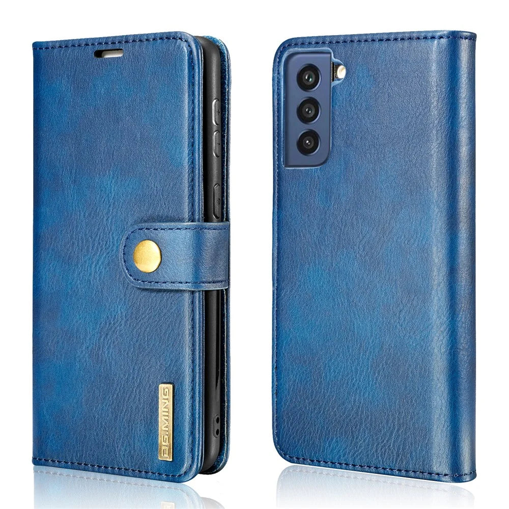 DG.MING for Samsung Galaxy S21 FE Detachable 2-in-1 Split Leather Wallet Case Stand Folio Magnetic Phone Cover - Blue - 4
