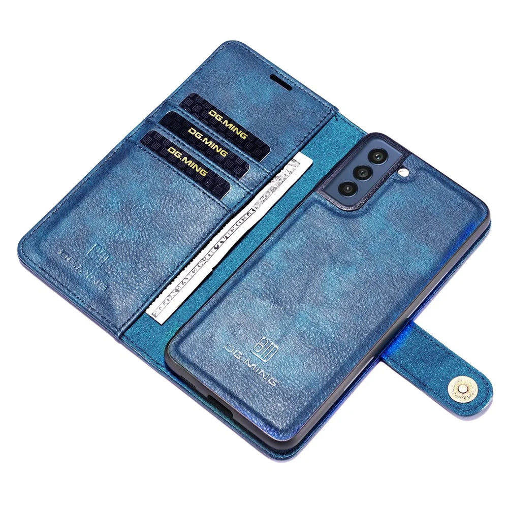 DG.MING for Samsung Galaxy S21 FE Detachable 2-in-1 Split Leather Wallet Case Stand Folio Magnetic Phone Cover - Blue - 5