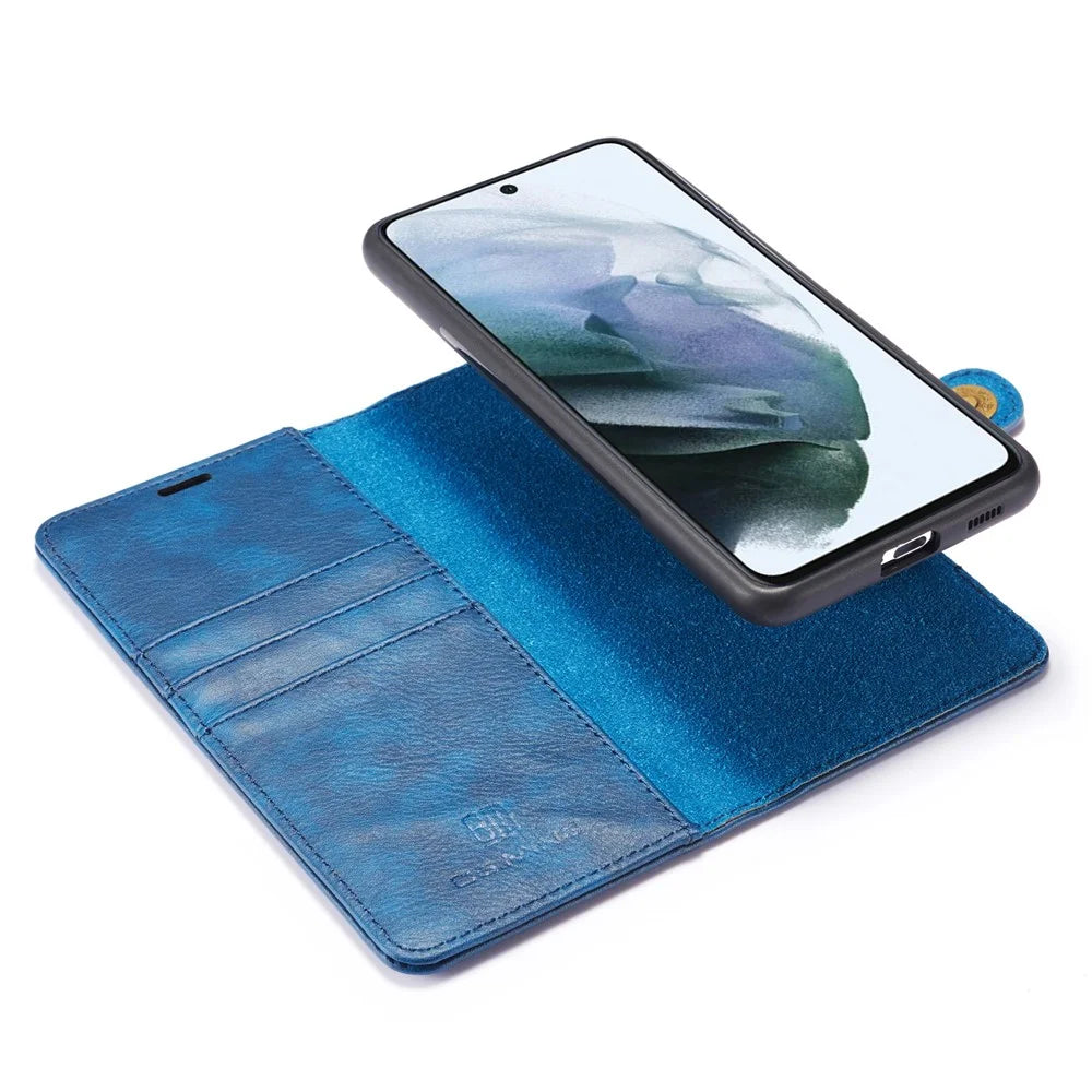 DG.MING for Samsung Galaxy S21 FE Detachable 2-in-1 Split Leather Wallet Case Stand Folio Magnetic Phone Cover - Blue - 6