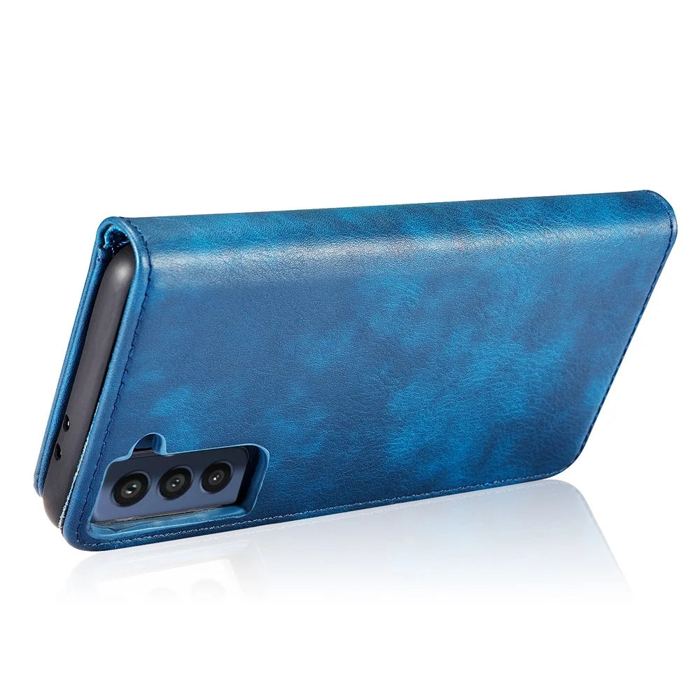 DG.MING for Samsung Galaxy S21 FE Detachable 2-in-1 Split Leather Wallet Case Stand Folio Magnetic Phone Cover - Blue - 7