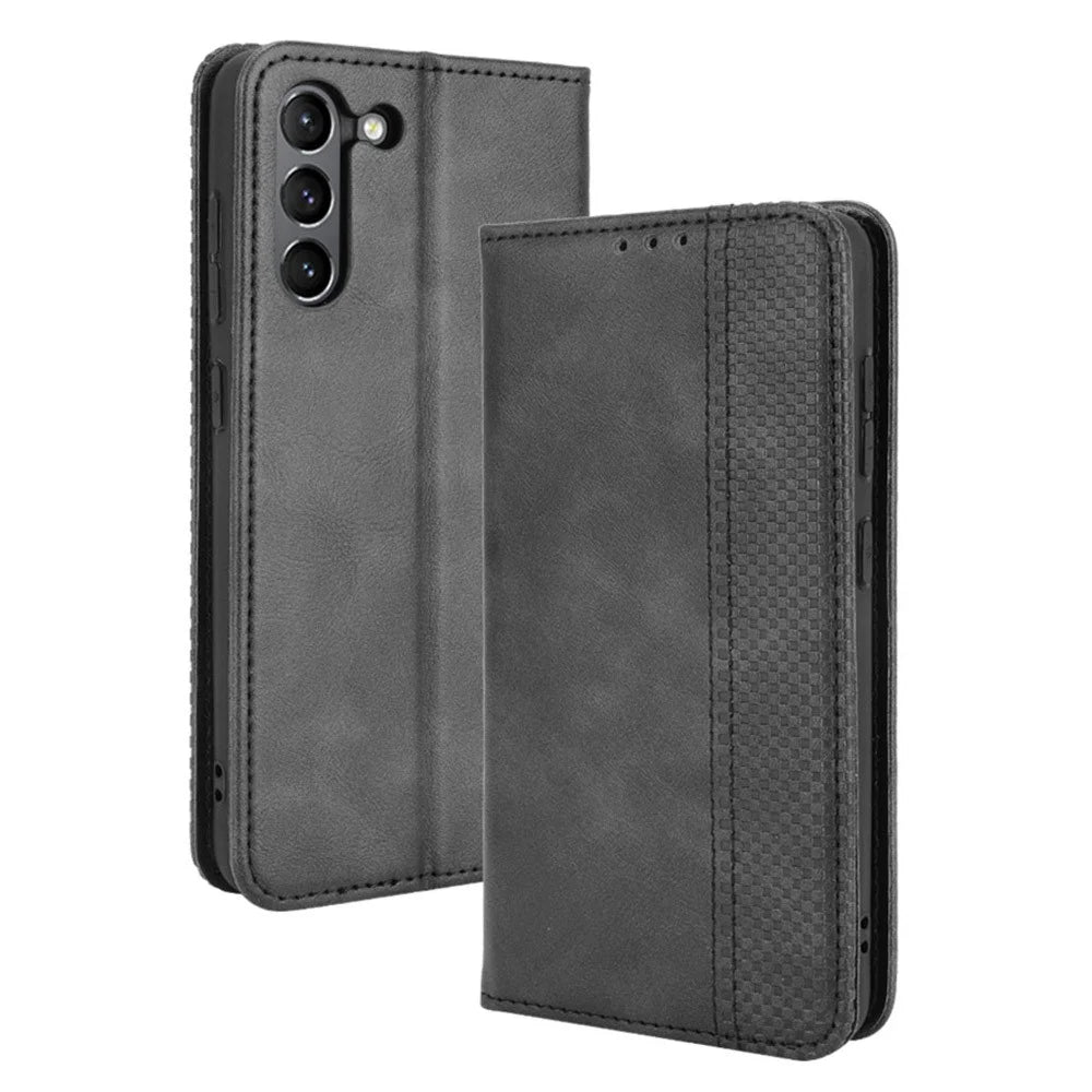Magnetic Clasp Vintage Style TPU + Leather Phone Case Wallet Stand for Samsung Galaxy S21 FE - Black - 1