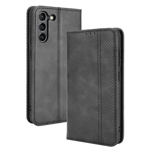 Magnetic Clasp Vintage Style TPU + Leather Phone Case Wallet Stand for Samsung Galaxy S21 FE - Black - 1