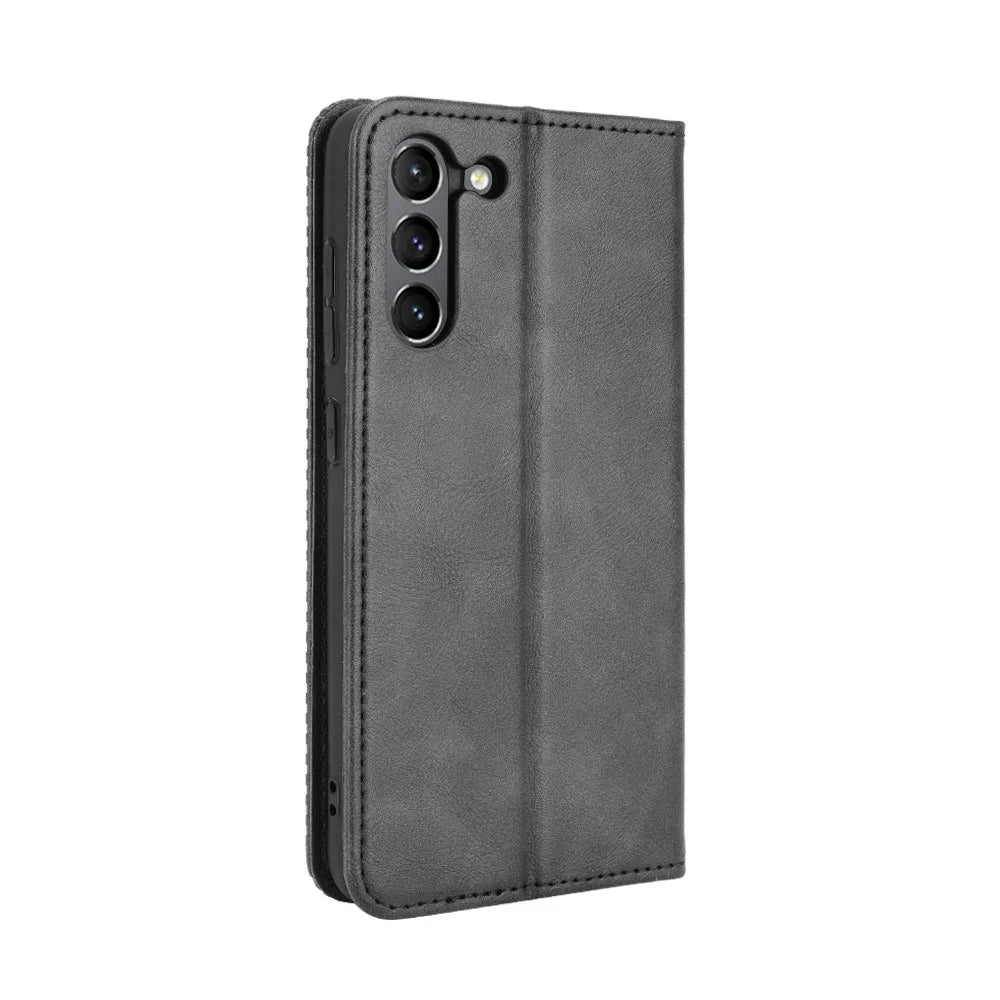 Magnetic Clasp Vintage Style TPU + Leather Phone Case Wallet Stand for Samsung Galaxy S21 FE - Black - 4