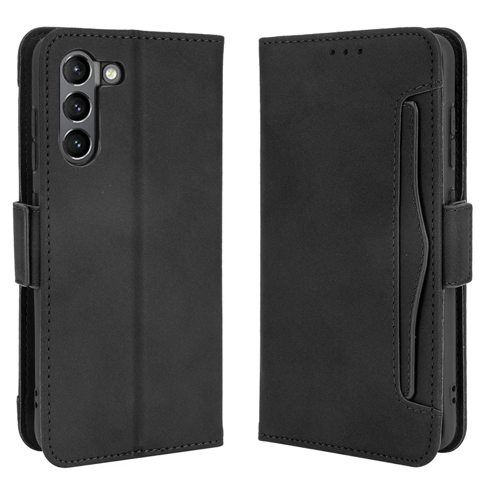 Multiple Card Slots Design Leather Phone Case Cover Wallet Stand for Samsung Galaxy S21 FE - Black - 1