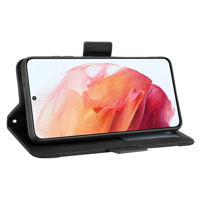 Multiple Card Slots Design Leather Phone Case Cover Wallet Stand for Samsung Galaxy S21 FE - Black - 6