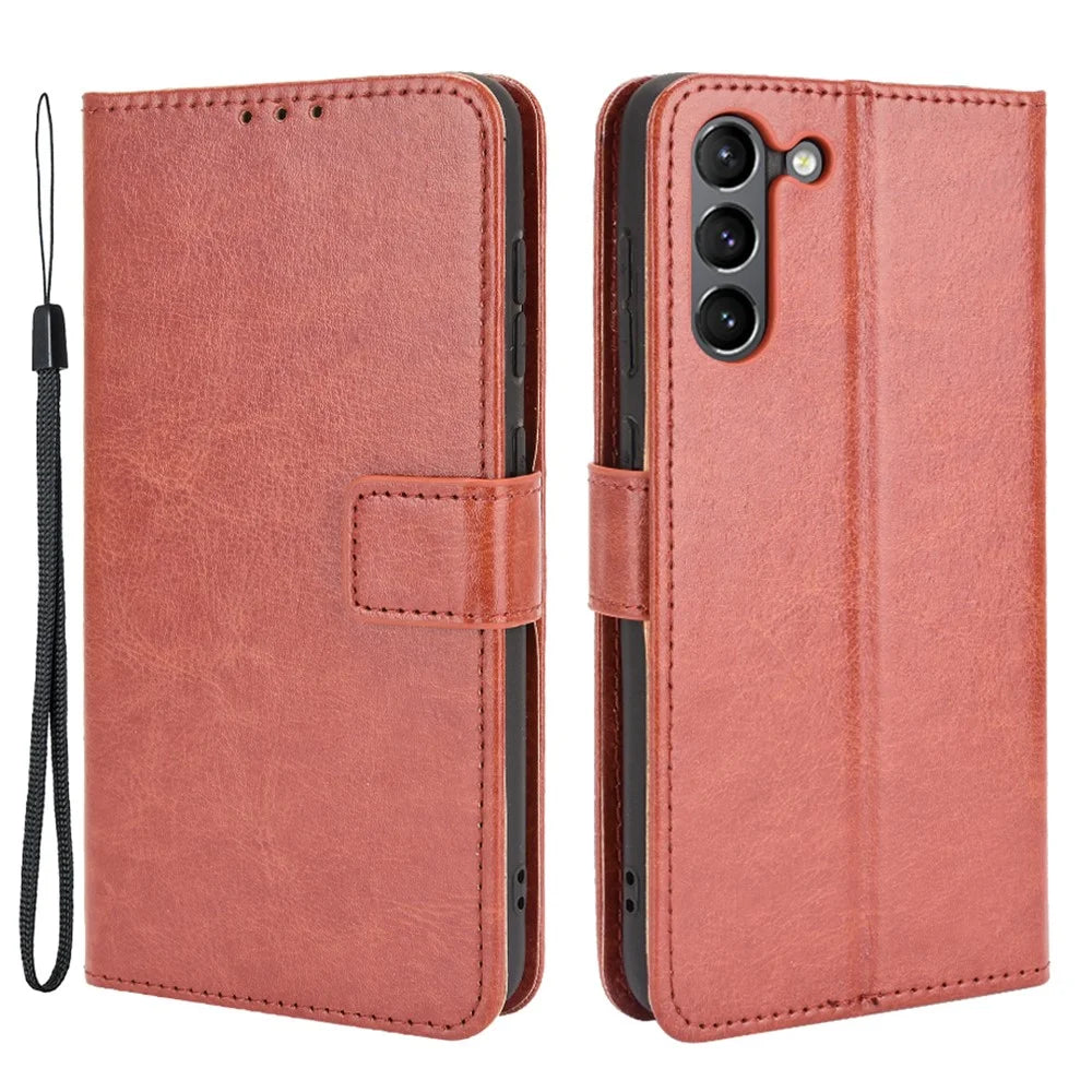 Crazy Horse Skin with Wallet Stand Leather Shell with Strap for Samsung Galaxy S21 FE - Brown - 1