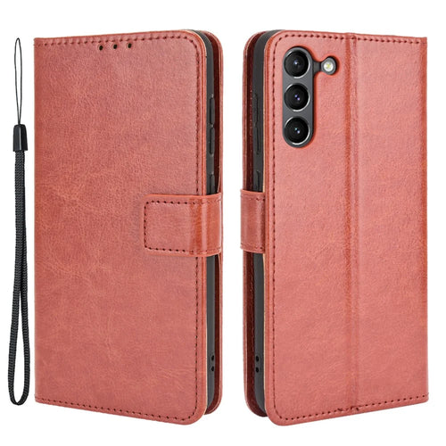 Crazy Horse Skin with Wallet Stand Leather Shell with Strap for Samsung Galaxy S21 FE - Brown - 1