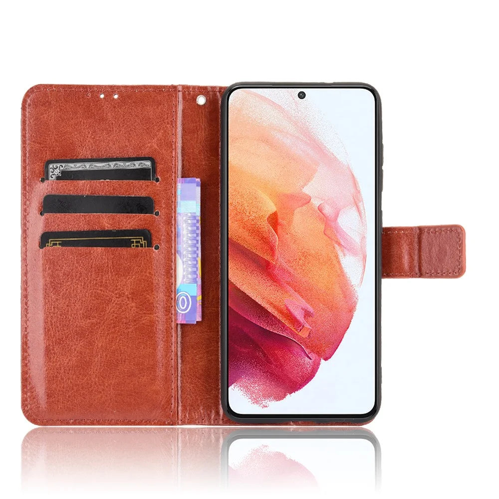 Crazy Horse Skin with Wallet Stand Leather Shell with Strap for Samsung Galaxy S21 FE - Brown - 5