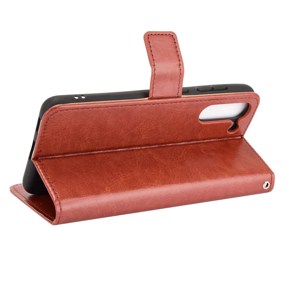 Crazy Horse Skin with Wallet Stand Leather Shell with Strap for Samsung Galaxy S21 FE - Brown - 6