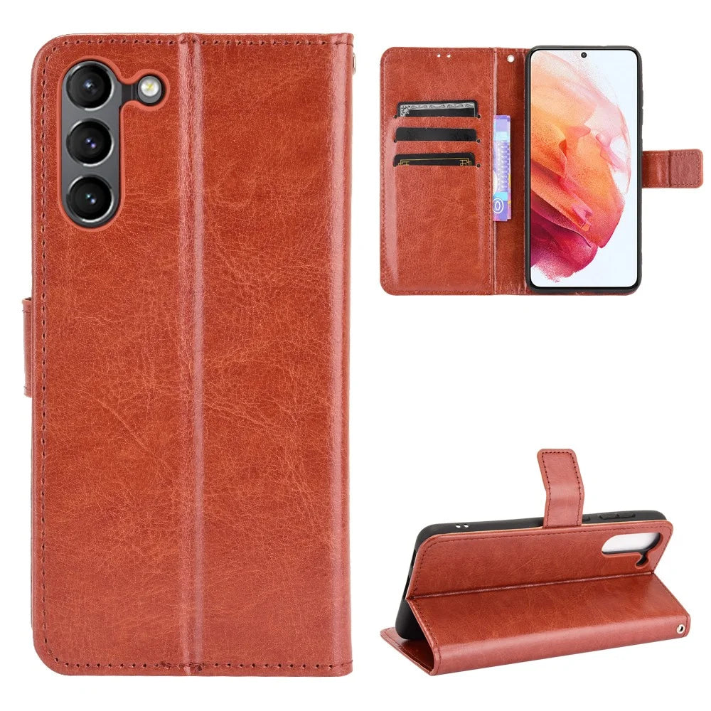 Crazy Horse Skin with Wallet Stand Leather Shell with Strap for Samsung Galaxy S21 FE - Brown - 7