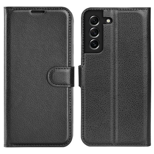 Wallet Design Litchi Texture Leather Phone Case Folio Flip Cover with Stand for Samsung Galaxy S21 FE - Black - 1