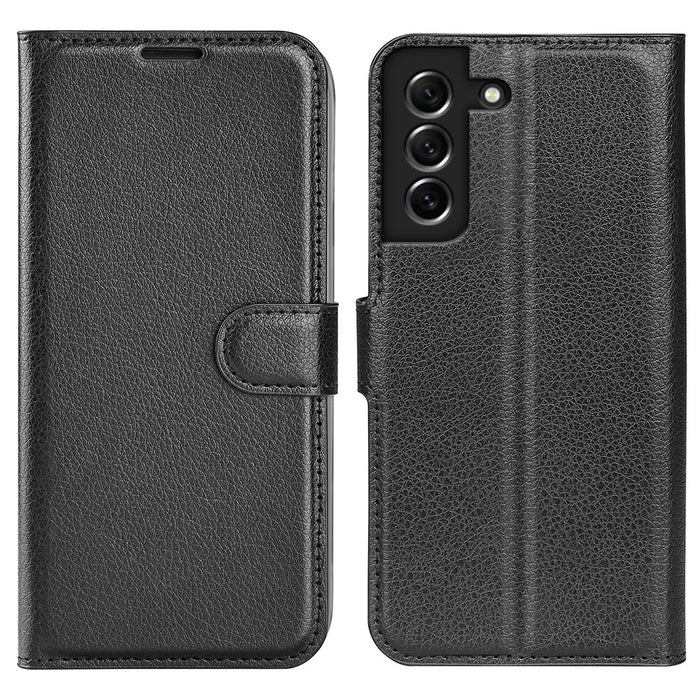Wallet Design Litchi Texture Leather Phone Case Folio Flip Cover with Stand for Samsung Galaxy S21 FE - Black - 1