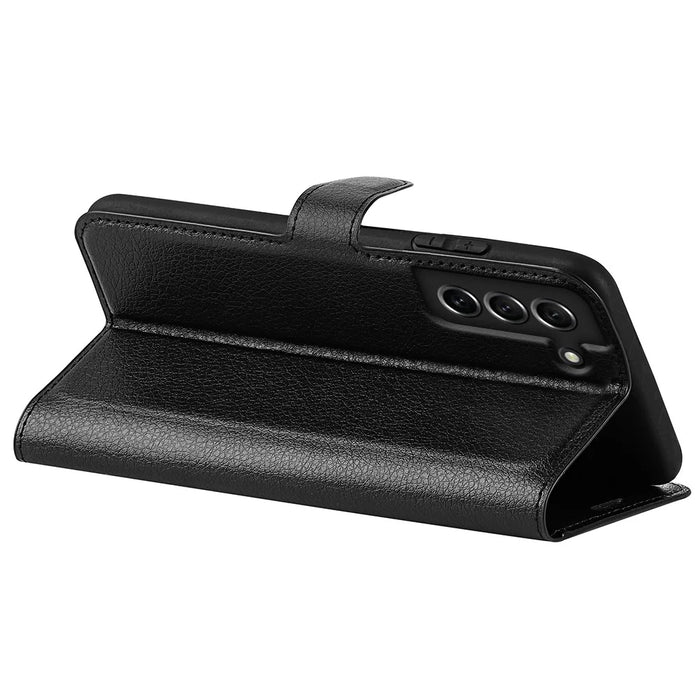 Wallet Design Litchi Texture Leather Phone Case Folio Flip Cover with Stand for Samsung Galaxy S21 FE - Black - 4