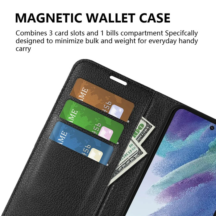 Wallet Design Litchi Texture Leather Phone Case Folio Flip Cover with Stand for Samsung Galaxy S21 FE - Black - 5