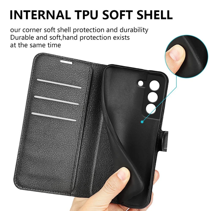 Wallet Design Litchi Texture Leather Phone Case Folio Flip Cover with Stand for Samsung Galaxy S21 FE - Black - 6