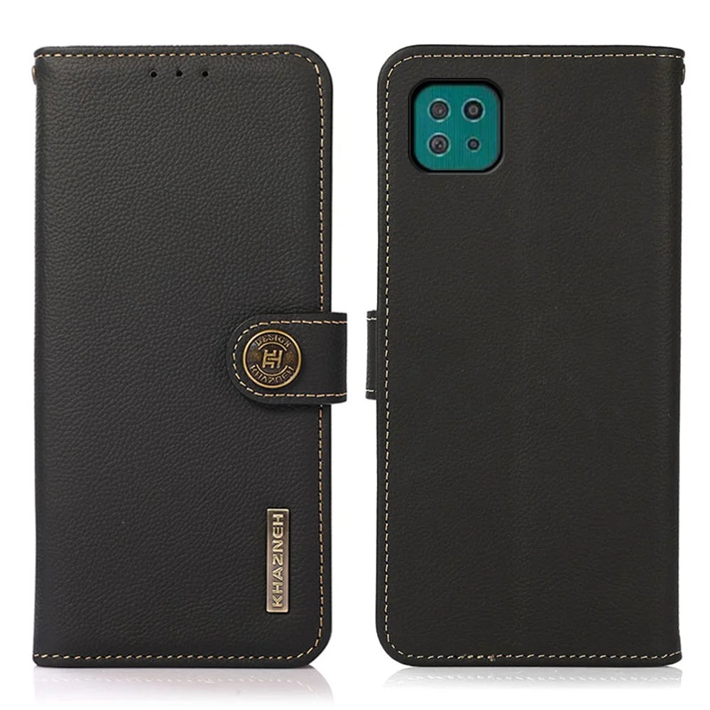 KHAZNEH Textured Genuine Leather Cell Phone Covering Case with RFID Anti-theft Swiping Design for Samsung Galaxy A22 5G (EU Version) - Black - 1
