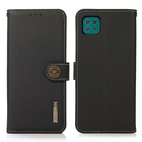 KHAZNEH Textured Genuine Leather Cell Phone Covering Case with RFID Anti-theft Swiping Design for Samsung Galaxy A22 5G (EU Version) - Black - 1