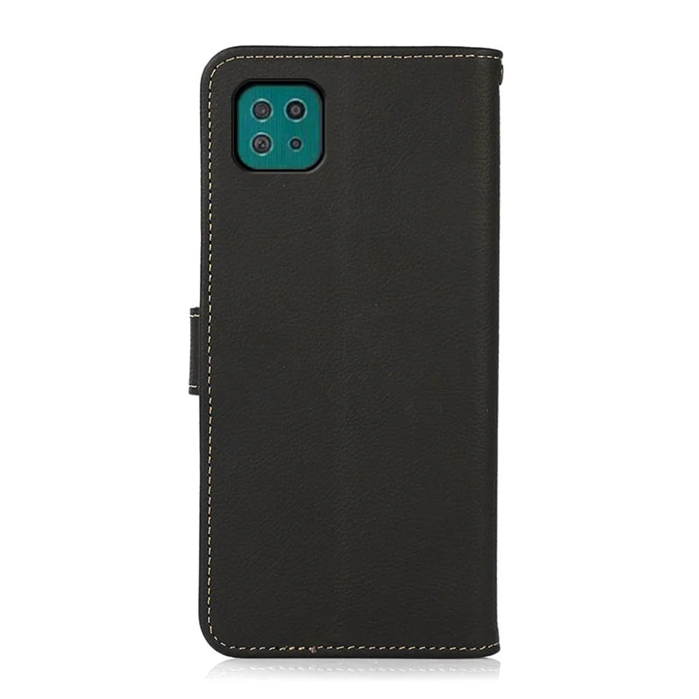 KHAZNEH Textured Genuine Leather Cell Phone Covering Case with RFID Anti-theft Swiping Design for Samsung Galaxy A22 5G (EU Version) - Black - 7