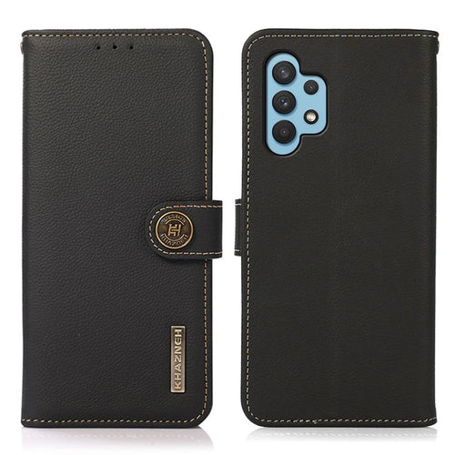 KHAZNEH Wallet Phone Case Genuine Leather Phone Shell with RFID Anti-theft Swiping Design for Samsung Galaxy A32 4G - Black - 1