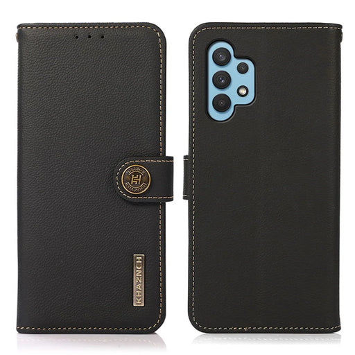 KHAZNEH Wallet Phone Case Genuine Leather Phone Shell with RFID Anti-theft Swiping Design for Samsung Galaxy A32 4G - Black - 1