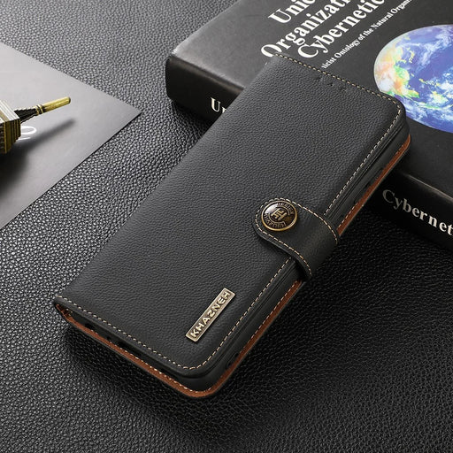 KHAZNEH Wallet Phone Case Genuine Leather Phone Shell with RFID Anti-theft Swiping Design for Samsung Galaxy A32 4G - Black - 2