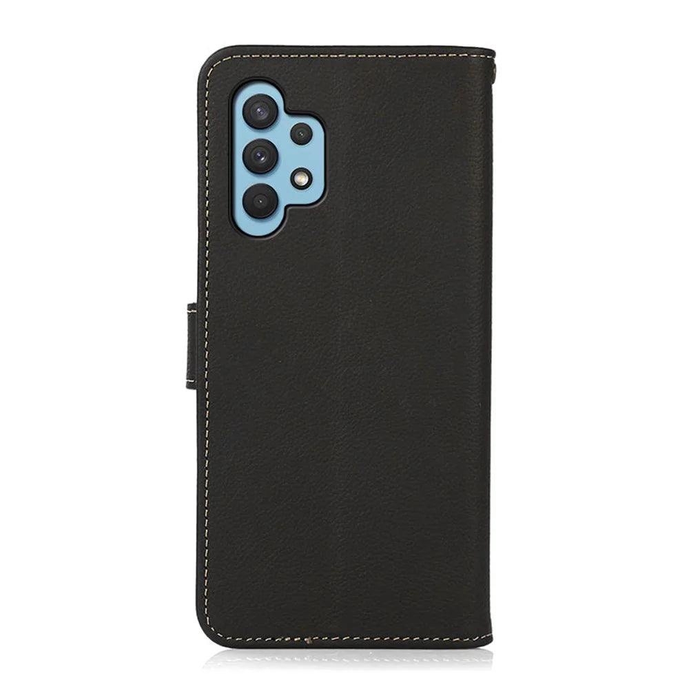 KHAZNEH Wallet Phone Case Genuine Leather Phone Shell with RFID Anti-theft Swiping Design for Samsung Galaxy A32 4G - Black - 7
