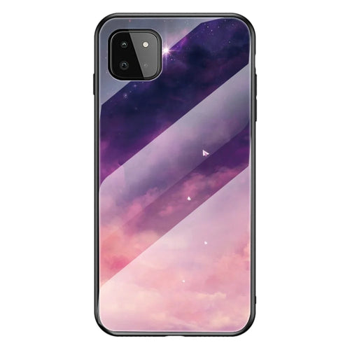 Well-Protected Starry Sky Pattern Anti-Scratch Tempered Glass Phone Hybrid Case Cover for Samsung Galaxy A22 5G (EU Version) - Purple Sky - 1