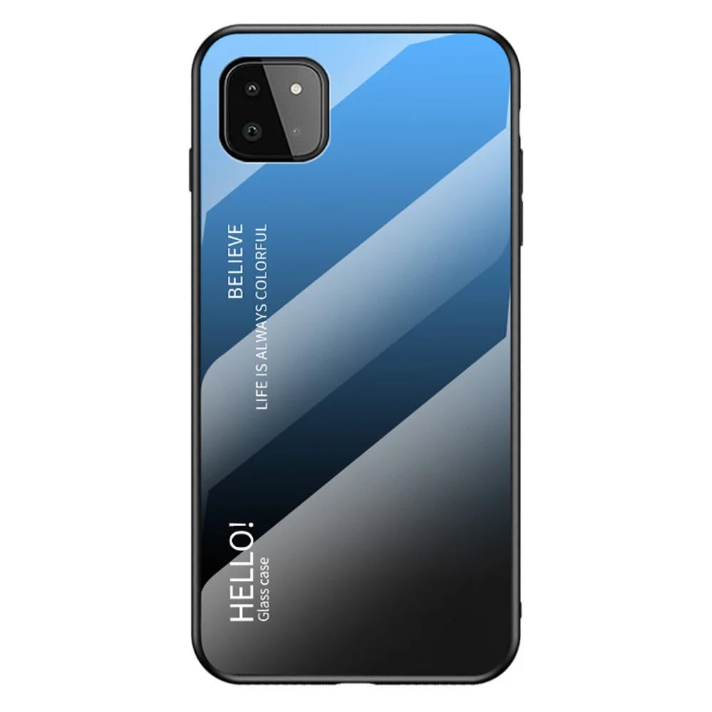 Well-Protected Anti-Scratch Tempered Glass Color Gradient Design Cell Phone Back Case for Samsung Galaxy A22 5G (EU Version) - Blue/Black - 1