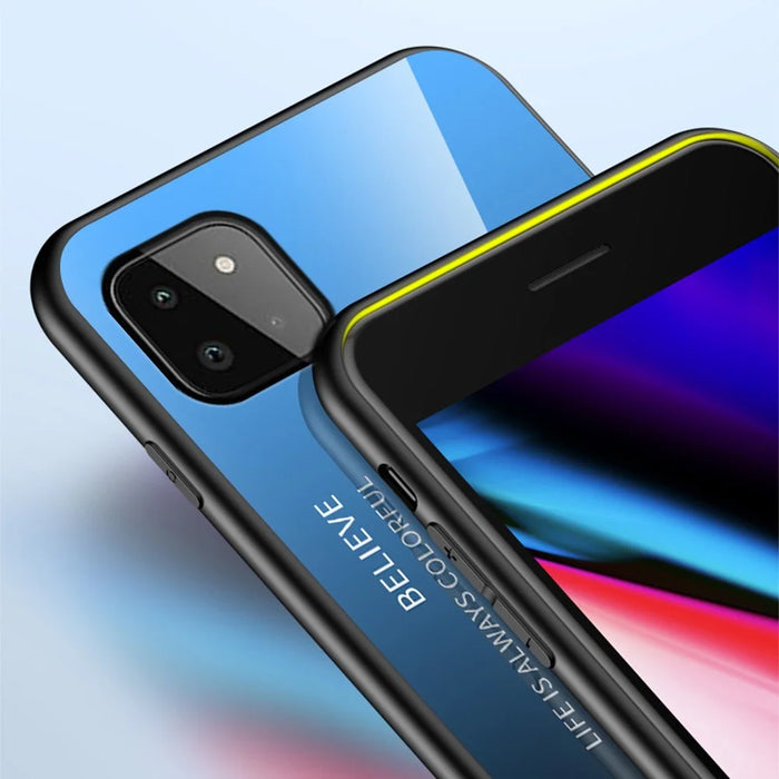 Well-Protected Anti-Scratch Tempered Glass Color Gradient Design Cell Phone Back Case for Samsung Galaxy A22 5G (EU Version) - Blue/Black - 5