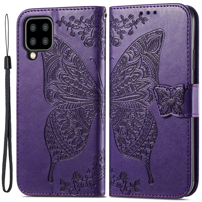 Big Butterfly Imprinting Leather Stand Design Phone Wallet Shell for Samsung Galaxy A22 4G (EU Version) - Dark Purple - 1