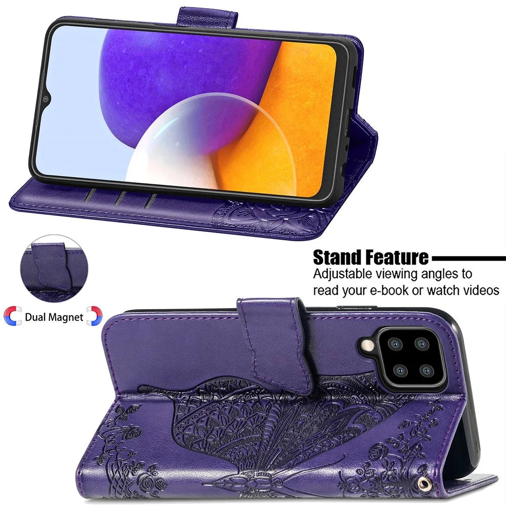 Big Butterfly Imprinting Leather Stand Design Phone Wallet Shell for Samsung Galaxy A22 4G (EU Version) - Dark Purple - 2