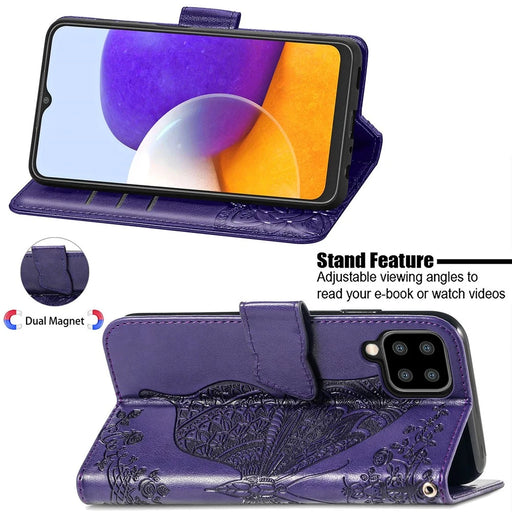 Big Butterfly Imprinting Leather Stand Design Phone Wallet Shell for Samsung Galaxy A22 4G (EU Version) - Dark Purple - 2