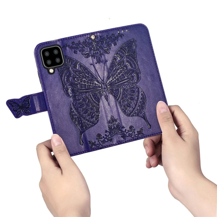 Big Butterfly Imprinting Leather Stand Design Phone Wallet Shell for Samsung Galaxy A22 4G (EU Version) - Dark Purple - 3