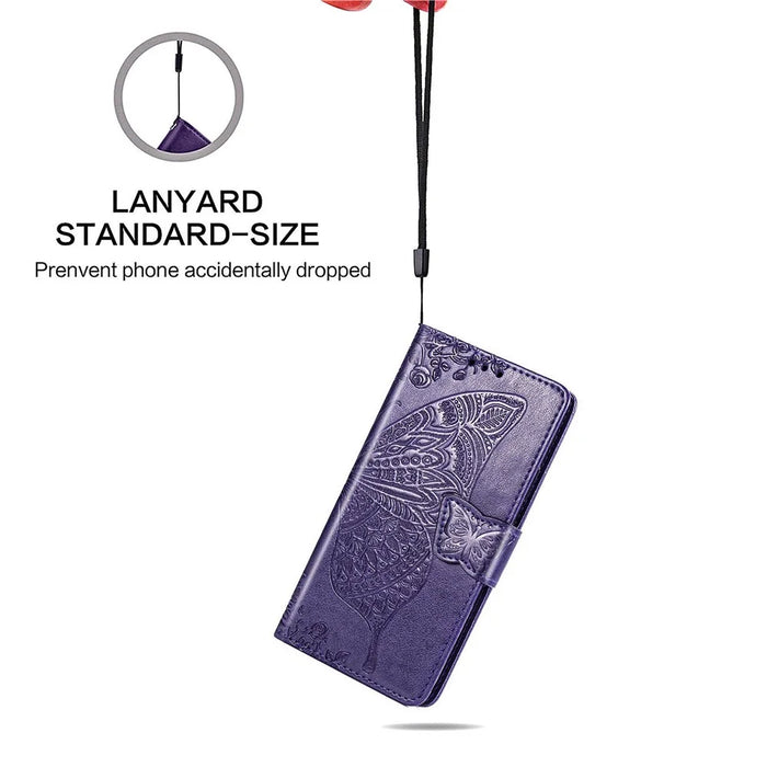 Big Butterfly Imprinting Leather Stand Design Phone Wallet Shell for Samsung Galaxy A22 4G (EU Version) - Dark Purple - 4