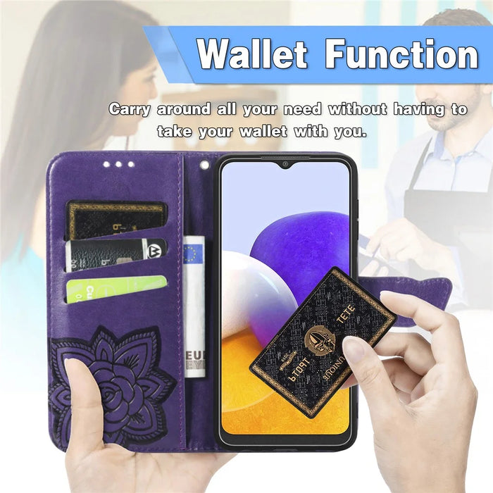 Big Butterfly Imprinting Leather Stand Design Phone Wallet Shell for Samsung Galaxy A22 4G (EU Version) - Dark Purple - 5
