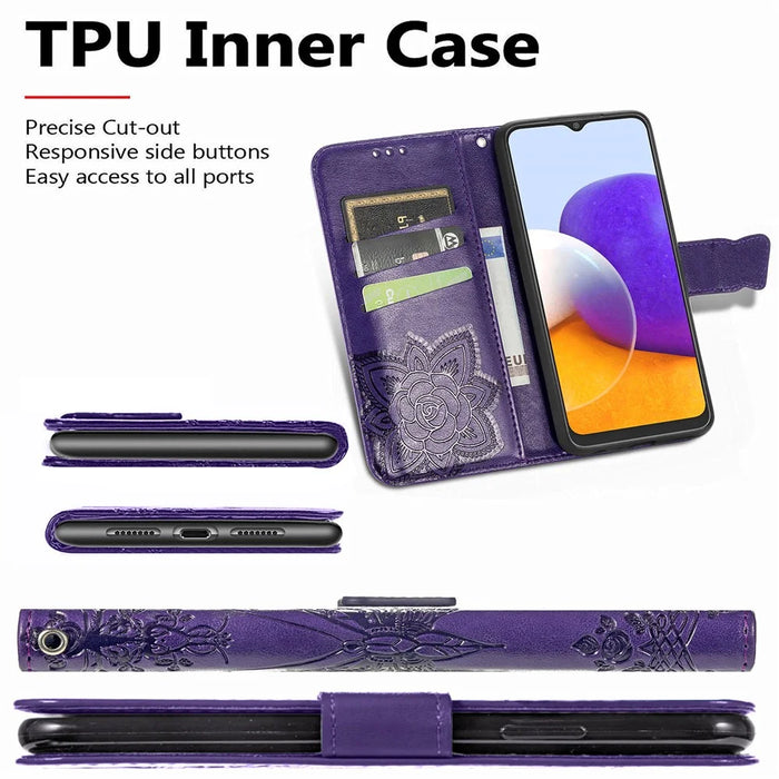 Big Butterfly Imprinting Leather Stand Design Phone Wallet Shell for Samsung Galaxy A22 4G (EU Version) - Dark Purple - 6