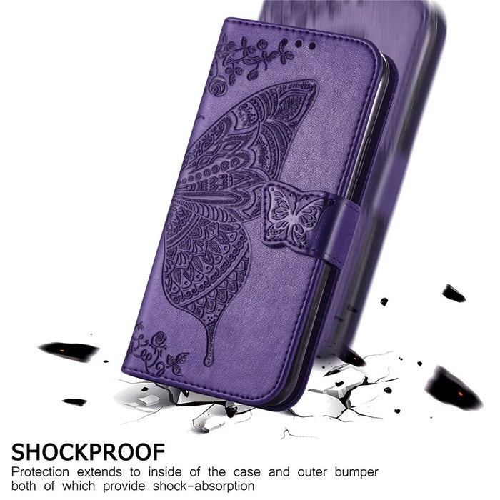 Big Butterfly Imprinting Leather Stand Design Phone Wallet Shell for Samsung Galaxy A22 4G (EU Version) - Dark Purple - 7