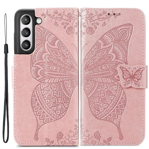 Wallet Design Big Butterfly Imprinting Leather Phone Shell with Stand for Samsung Galaxy S21 FE - Rose Gold - 1