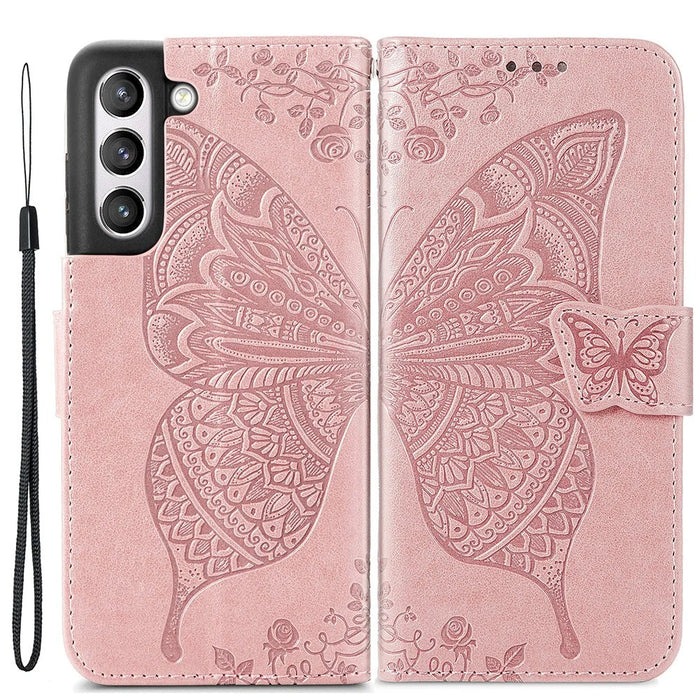 Wallet Design Big Butterfly Imprinting Leather Phone Shell with Stand for Samsung Galaxy S21 FE - Rose Gold - 1