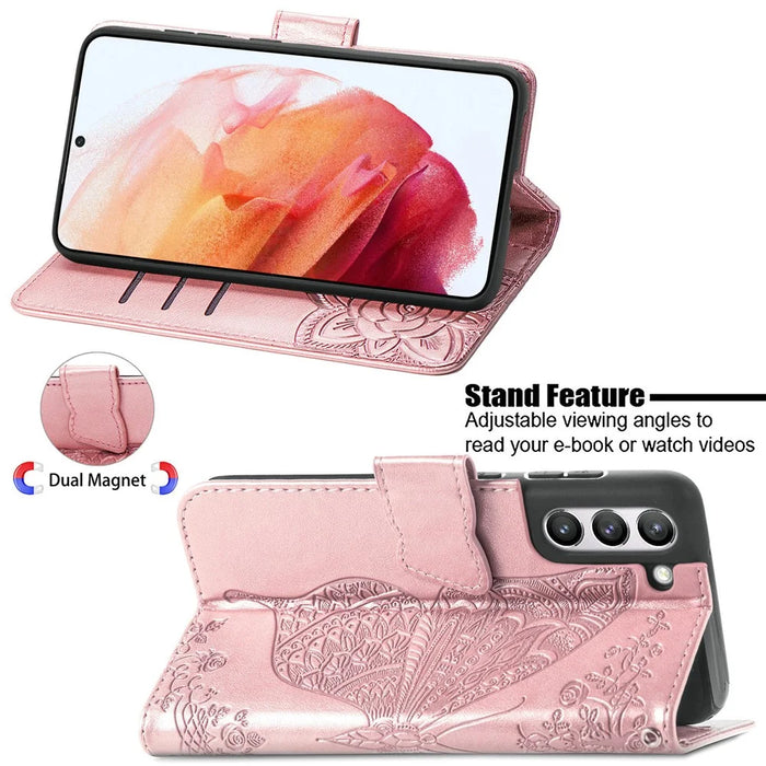 Wallet Design Big Butterfly Imprinting Leather Phone Shell with Stand for Samsung Galaxy S21 FE - Rose Gold - 2
